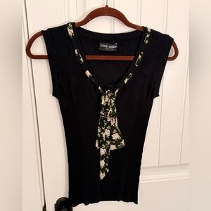 Dolce & Gabbana Navy Sleeveless Sweater 42/S | Silk Floral Bow Collar